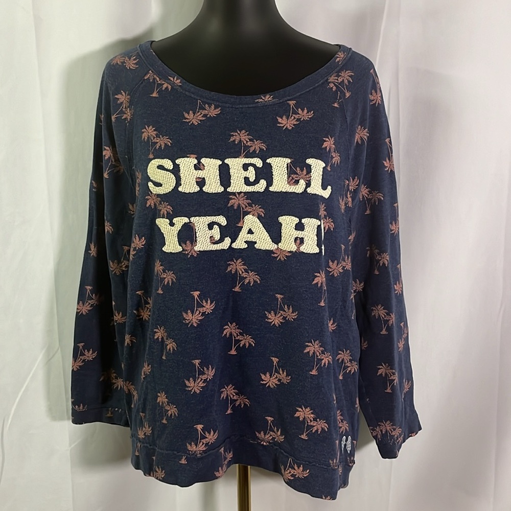 Victoria’s Secret Blue & Pink Palm Tree Print Shell Yeah Wide Neck Sweatshirt